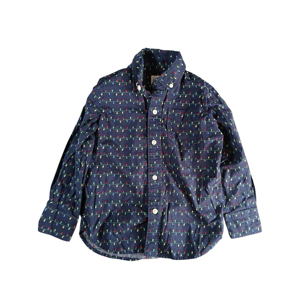 Gap Kids Button Up Dress Shirt XS Blue Christmas Lights Collar Church Cotton